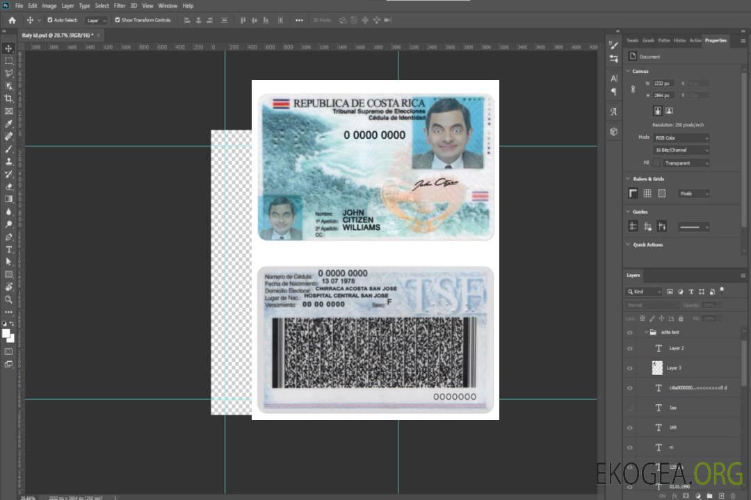 Modèle PSD de carte d'identité du Costa Rica, avec polices, version 2 template